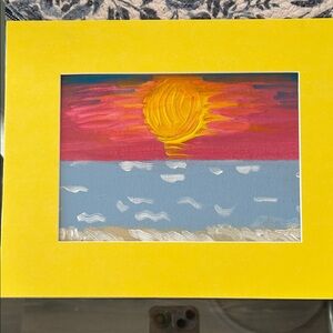 Sunset Over Ocean Acrylic Painting with Yellow mat.